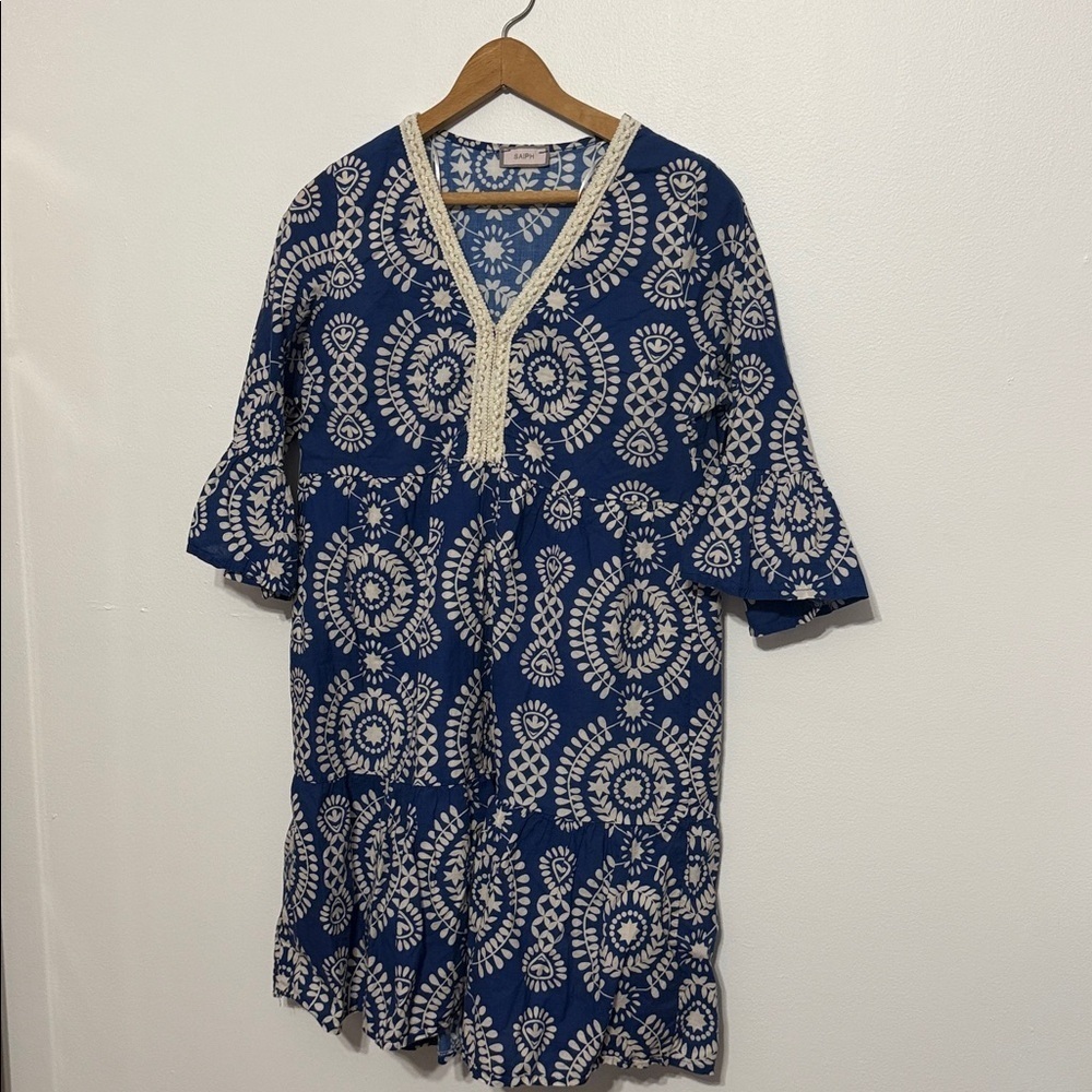 SAIPH Santorini Floral Mini Dress Size S Blue White Cotton Italy Relaxed Coastal - Picture 8 of 10